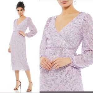 Mac Duggal 107641 Lavender Purple 4 Sequined Long Sleeve V Midi Dress Evening